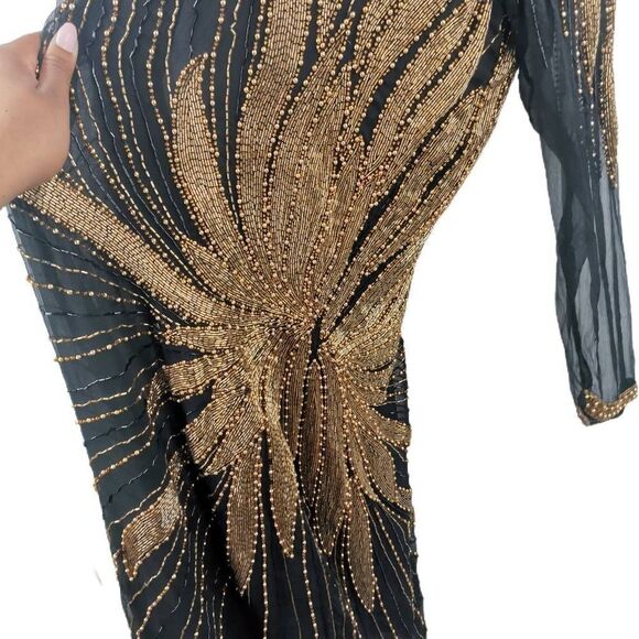 Stunning Vintage Black Silk Beaded Dress with Radiant Sunburst Design | Tag Size - Picture 3 of 8